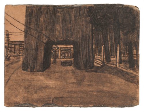 James Castle (1899-1977), Untitled (drive-through tree), n.d. Found paper, soot, 5 7/8 x 7 3/4 in. CAS09-0179 © 2008 James Castle Collection and Archive LP, All Rights Reserved