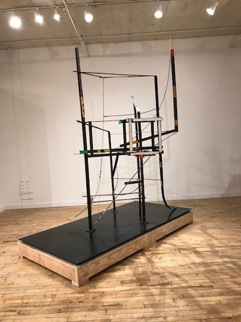 Rebecca Smith, Big Reuse, 2016, steel, blacking, mist film, linseed oil, oil and acrylic paint, cap screws, 103x72x57 in