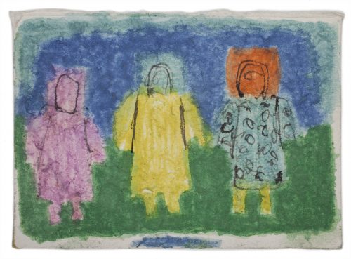 James Castle (1899-1977), Untitled (3 figures), n.d. Found paper, color of unknown origin, soot, 3 3/8 x 4 3/4 in. CAS16-0036 © 2018 James Castle Collection and Archive LP, All Rights Reserved