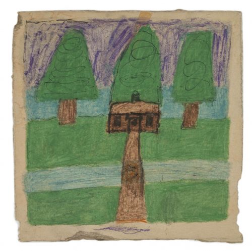 James Castle (1899-1977), Untitled (house with green trees/abstract), n.d., Found paper, color of unknown origin, marker, soot, graphite, 8 x 8 in. CASl7-0956 © 2018 James Castle Collection and Archive LP, All Rights Reserved