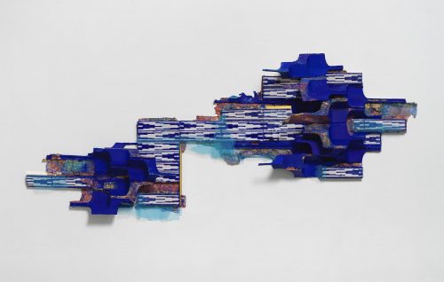 Armita Raafat, Untitled, 40 x 80 x 8 inches, fabric, paper, resin, tile, and mirror. 2019. Image courtesy of Raafat