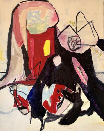 A picture containing graffiti, table, sitting, black Description automatically generated