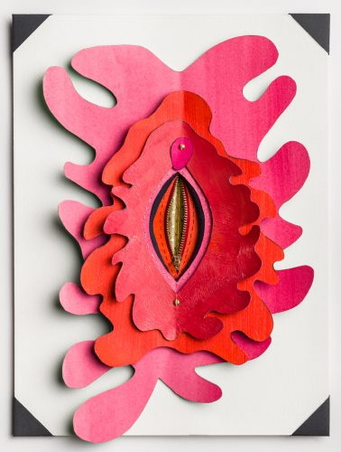 Barbara Lubliner, "Full Bloom" 2019, paper relief with fabric, nuts and bolts, zipper, 16 x 12 inches, photo courtesy of Paul Takeuchi