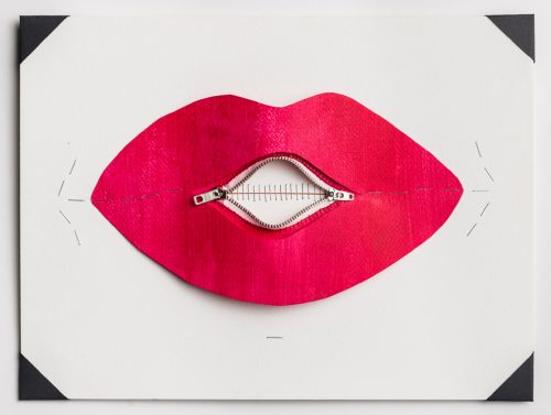 Barbara Lubliner, "Two Zips" 2019, paper relief with staples and zipper, 12 x 16 inches, photo courtesy of Paul Takeuchi