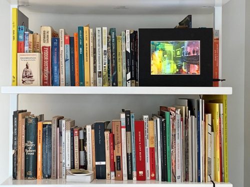 A picture containing text, book, shelf, indoor Description automatically generated