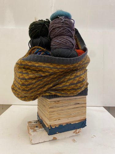 Jim MacBook Air:Users:jimcondron:Desktop:Art Spiel :Photos:7.Condron 10, oil, wool, wood, steel, plaster, 30 x 22 x 20 inches, 2021.jpg