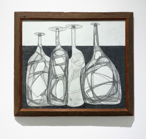 A drawing of wine bottles in a frame Description automatically generated
