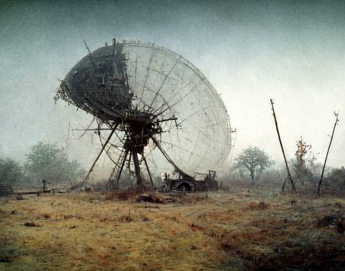 A satellite dish in a field Description automatically generated