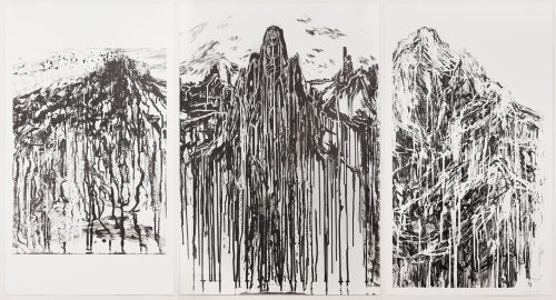 A group of black and white paintings Description automatically generated