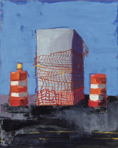 A painting of a building and orange traffic cones Description automatically generated