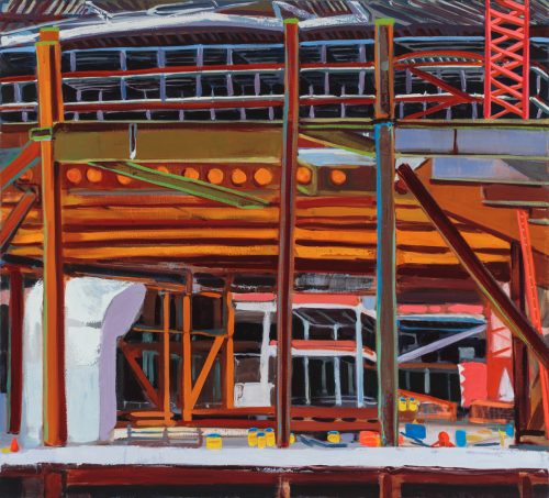 A painting of a building under construction Description automatically generated