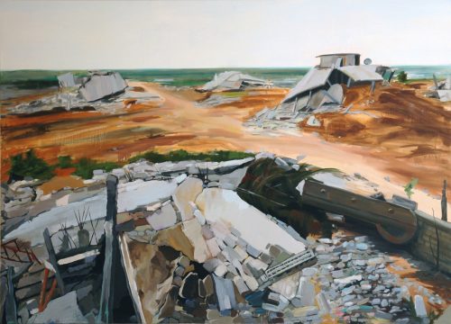 A painting of a destroyed building Description automatically generated