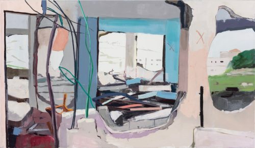 A painting of a room with a blue door Description automatically generated