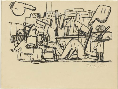 A drawing of people sitting on the ground Description automatically generated