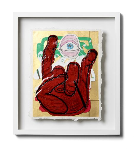 A hand drawn red hand gesture in a white frame Description automatically generated