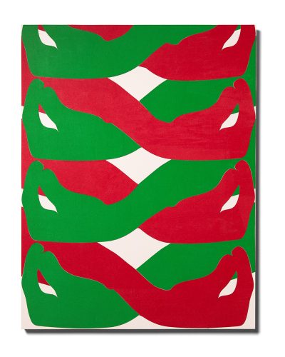 A red and green art piece Description automatically generated