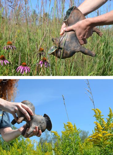 A collage of hands holding a clay dog Description automatically generated