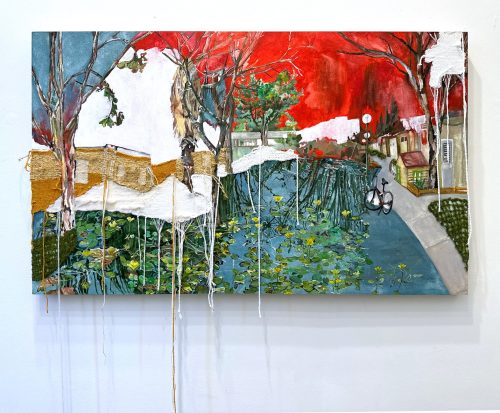 A painting of a house and trees Description automatically generated