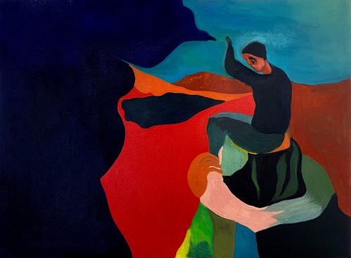 A painting of a person climbing a red hill Description automatically generated