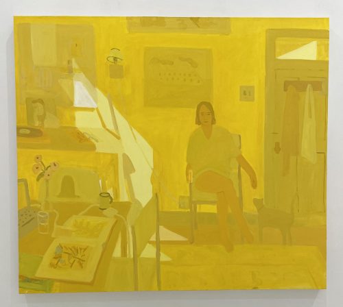 A painting of a person sitting in a chair in a room Description automatically generated