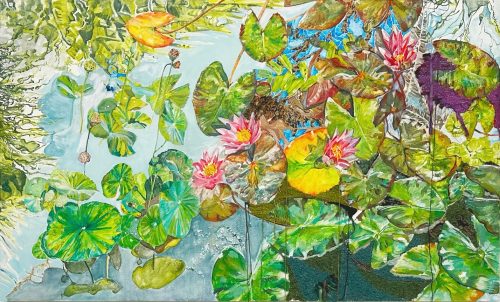 A painting of a pond with lily pads Description automatically generated