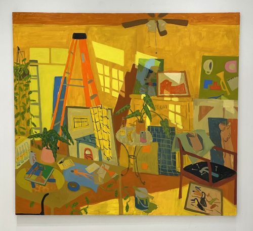 A painting of a room with a fan and a table Description automatically generated