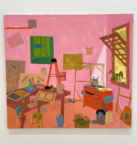 A painting of a room with a pink wall Description automatically generated