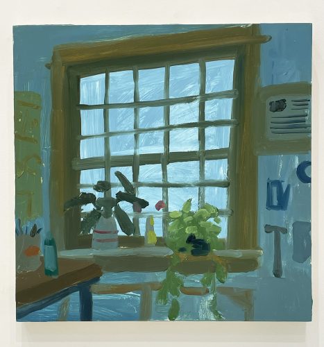 A painting of a room with a window and a table Description automatically generated