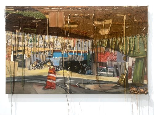 A painting of a street with a bridge and a street with a road and a motorcycle Description automatically generated with medium confidence