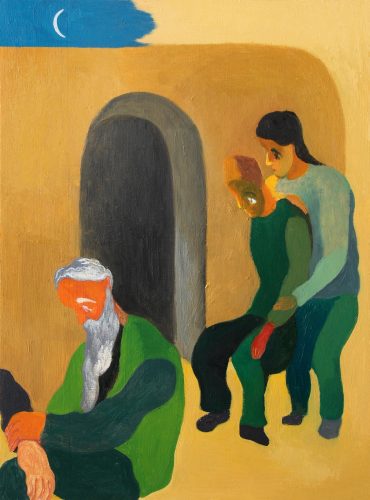 A painting of people sitting in a doorway Description automatically generated
