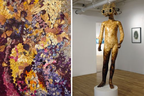 A collage of a statue and a painting Description automatically generated