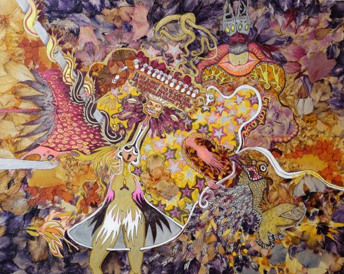 A colorful artwork on a surface Description automatically generated