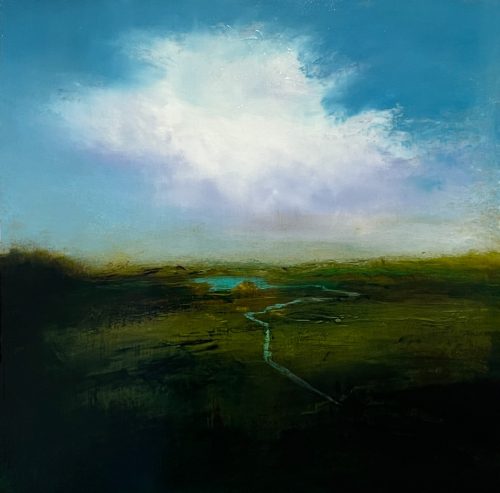 A landscape with a river and a blue sky Description automatically generated