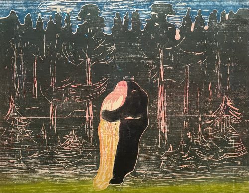 A painting of a person hugging a forest Description automatically generated