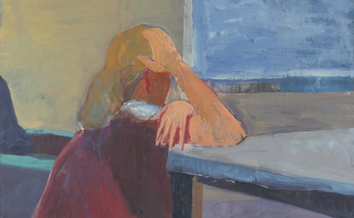 A painting of a person leaning on a table Description automatically generated