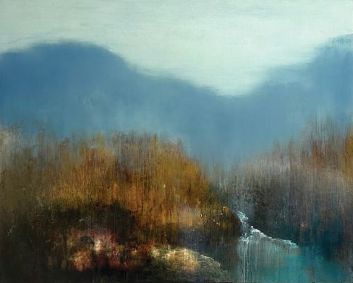 A painting of a river and trees Description automatically generated