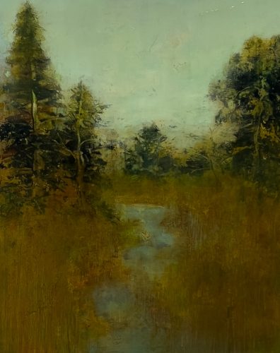 A painting of a river with trees Description automatically generated