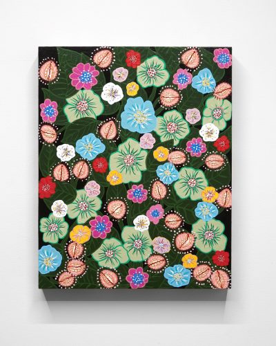 A painting of flowers on a black background Description automatically generated
