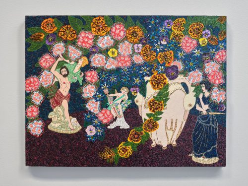 A painting of people and flowers Description automatically generated