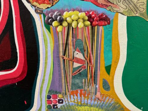 A colorful painting of a person with a bunch of fruits Description automatically generated with medium confidence