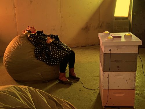 Colony: Hive Listener. (2022-2023) Audio Recordings, fragrant beeswax lights, by John Roach. Image Credit: On White Wall