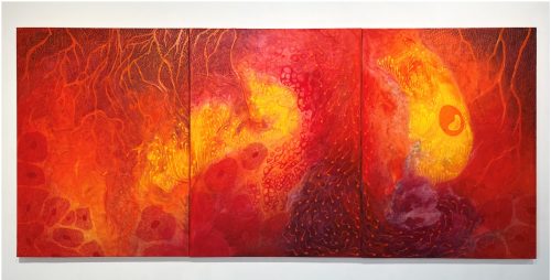 When My Planet Was Born , (2023), Mixed Media on Canvas, 48” x 108”, by Shihori Yamamoto. Image Credit: Shihori Yamamoto