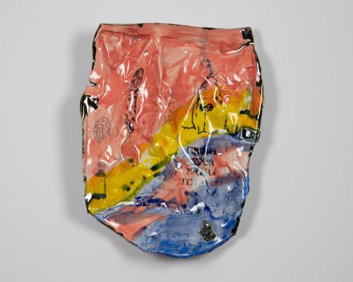 A plastic bag with a yellow and blue line Description automatically generated