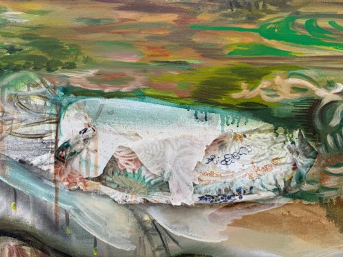 A painting of a dog lying on a rock Description automatically generated