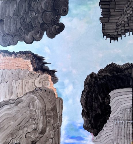 A painting of a mountain range Description automatically generated