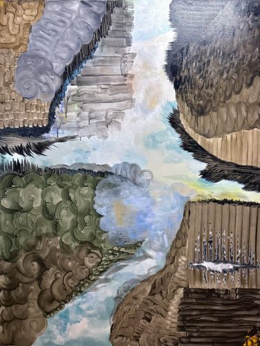 A painting of a river and mountains Description automatically generated