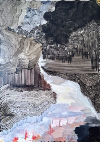 A painting of a river flowing through a canyon Description automatically generated