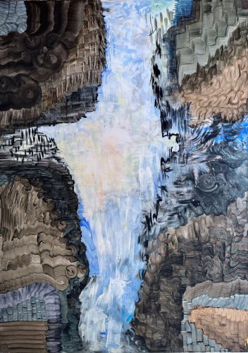 A painting of a waterfall Description automatically generated