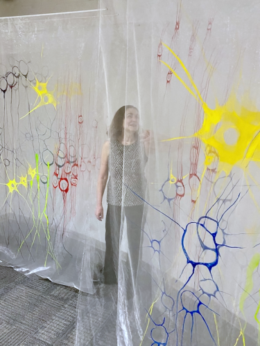 A person standing behind a plastic curtain Description automatically generated