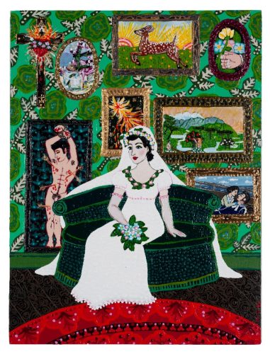 A painting of a person in a white dress sitting on a green couch Description automatically generated